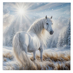 Beautiful Horse in the Snow Christmas Ceramic Tile