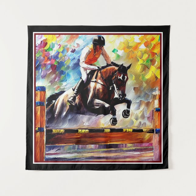 Beautiful Horse Jumping Digital Oil Painting Style Tapestry (Front)