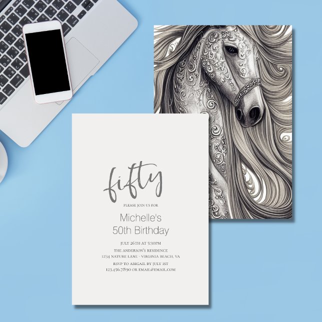 Beautiful Horse Modern Script 50th Birthday Invitation (Creator Uploaded)