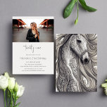 Beautiful Horse Modern Script Photo 21st Birthday Invitation<br><div class="desc">This modern script 21st birthday party invitation is perfect for any horse lover.  The front features a modern minimalist design with a single horizontal photo.  There is a beautiful ornate silver-grey horse on the back.  All fonts and colours can be customised,  on the front of the invitation.</div>