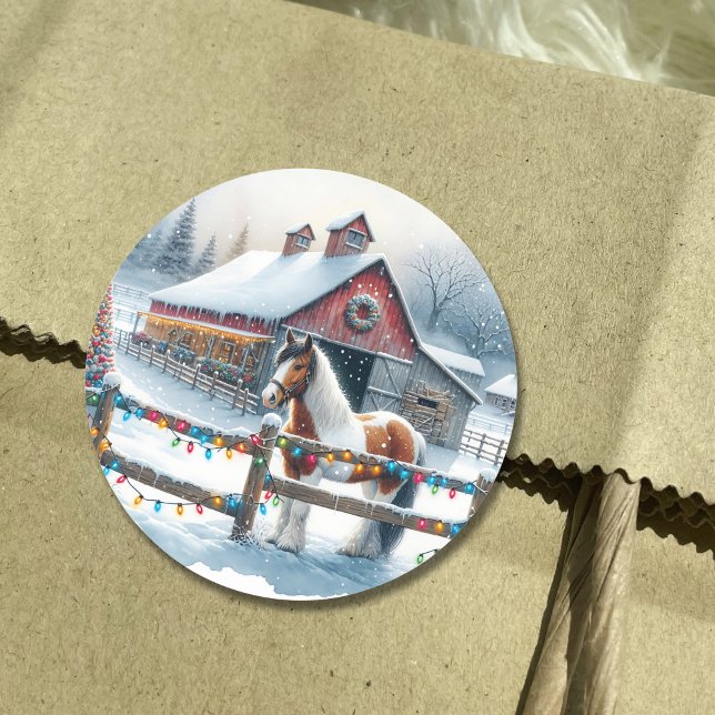 Beautiful Horse on a Christmas Farm Classic Round Sticker (Creator Uploaded)