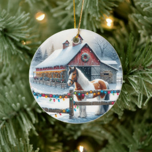 Beautiful Horse on a Christmas Farm Personalised Ceramic Ornament