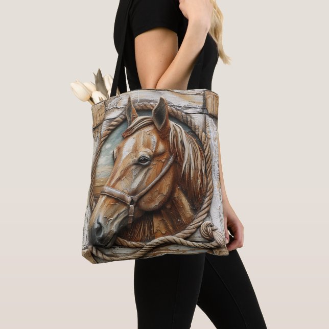 Beautiful Horse Rope Wood Carving Tote Bag (Close Up)
