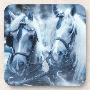 Beautiful Horse Team Winter Driving Photo Coaster
