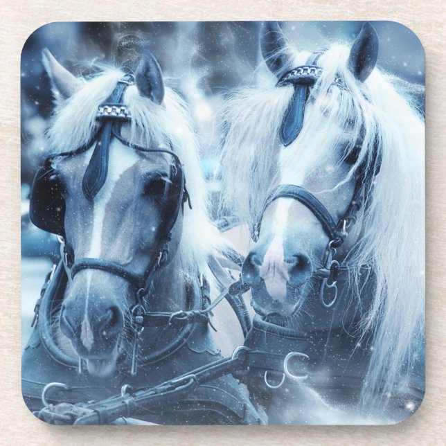 Beautiful Horse Team Winter Driving Photo Coaster (Front)