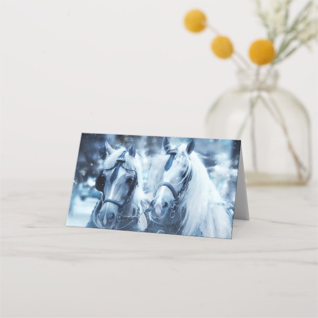 Beautiful Horse Team Winter Driving Photo Place Card (Front)