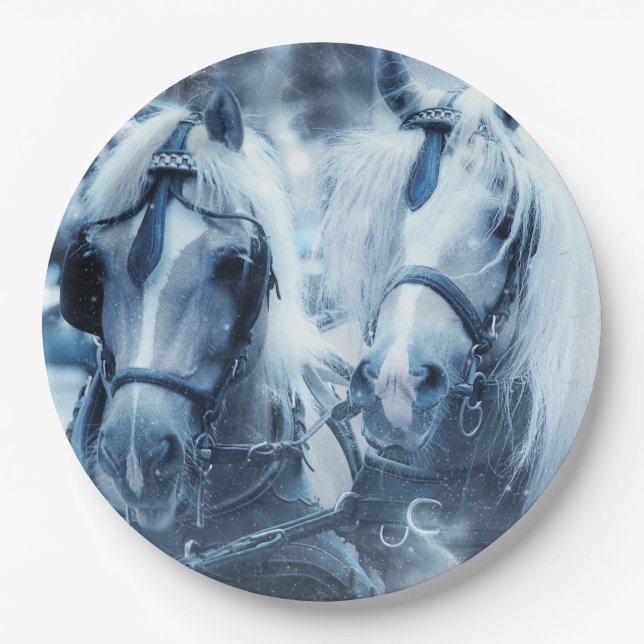 Beautiful Horse Team Winter Photo Paper Plate (Front)