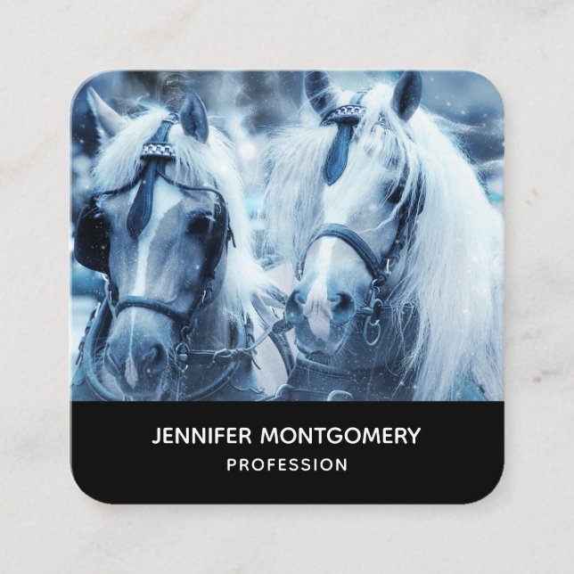 Beautiful Horse Team Winter Photo Square Business Card (Front)