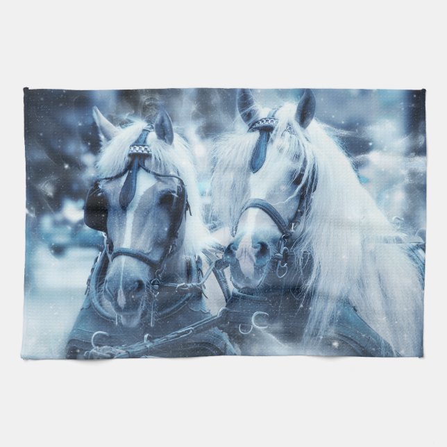 Beautiful Horse Team Winter Photo Tea Towel (Horizontal)