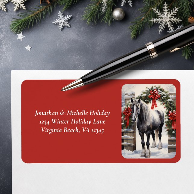 Beautiful Horse, Winter Garland Christmas Address Label (Beautiful Grey Horse with Winter Garland Christmas Label)