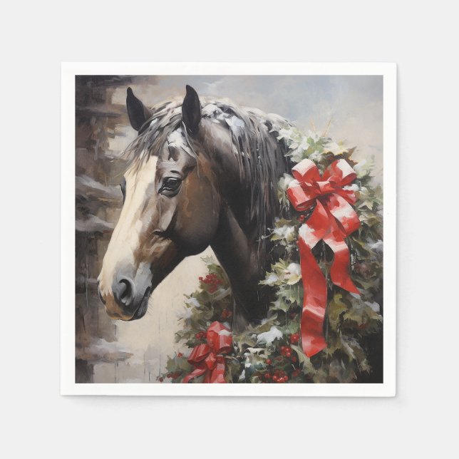 Beautiful Horse with Winter Wreath Christmas Napkin (Front)