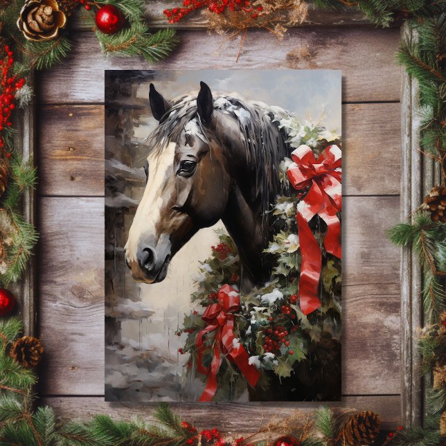 Beautiful Horse with Wreath Festive Christmas Holiday Card (Front - Beautiful Horse with Winter Wreath Christmas Holiday Card)