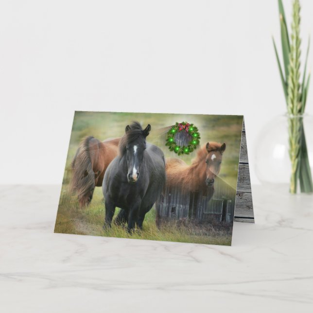 Beautiful Horses and Rustic Barn Christmas Holiday Card (Front)