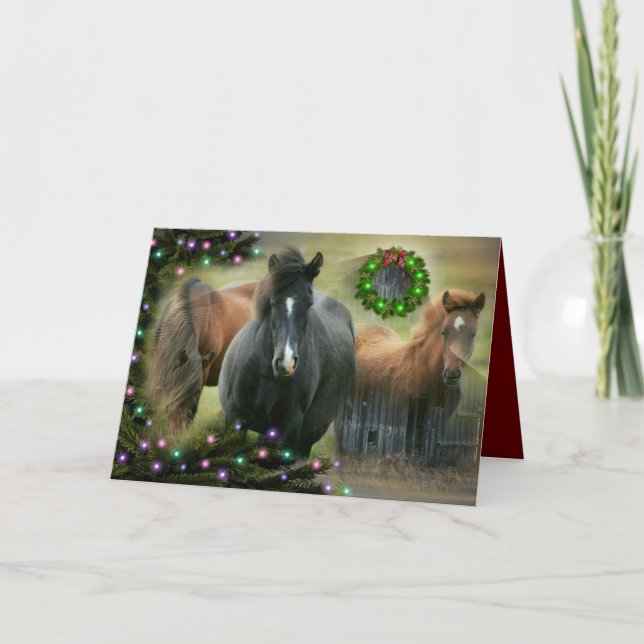 Beautiful Horses and Rustic Barn Christmas Holiday Card (Front)