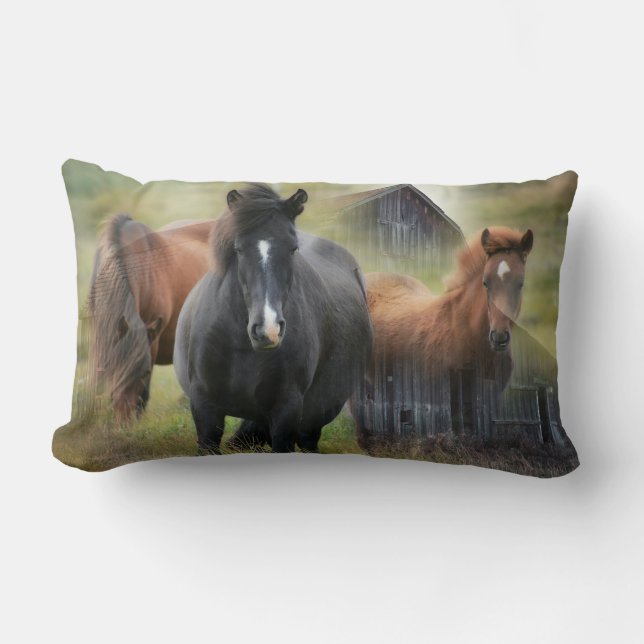 Beautiful Horses and Rustic Barn Lumbar Cushion (Front)