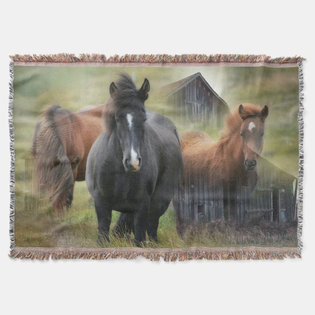 Beautiful Horses and Rustic Barn Throw Blanket (Front)