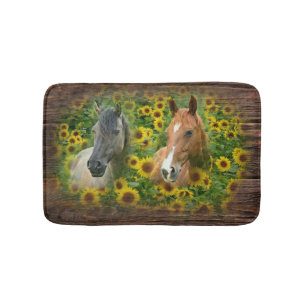 Beautiful Horses in Field of Sunflowers Bath Mat