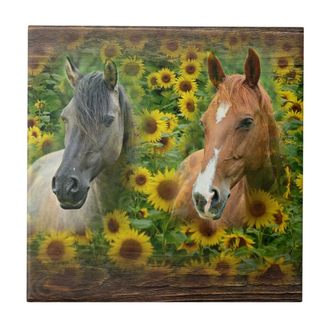 Beautiful Horses in Field of Sunflowers Ceramic Tile (Front)