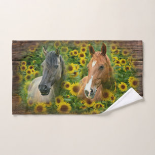 Beautiful Horses in Field of Sunflowers Hand Towel