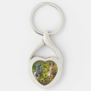 Beautiful Horses in Field of Sunflowers Key Ring
