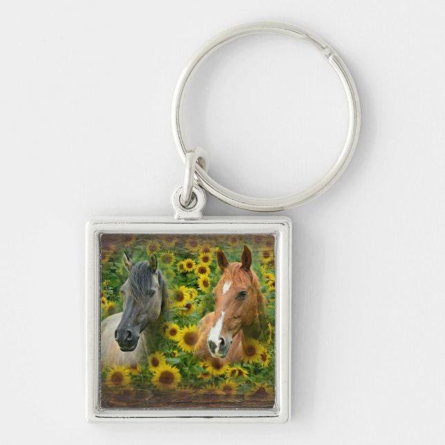 Beautiful Horses in Field of Sunflowers Key Ring (Front)