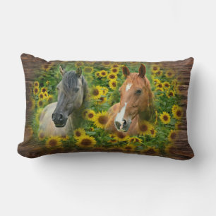 Beautiful Horses in Field of Sunflowers Lumbar Cushion