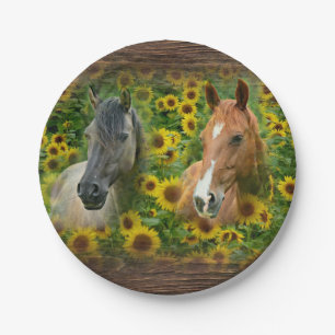 Beautiful Horses in Field of Sunflowers Paper Plat Plate