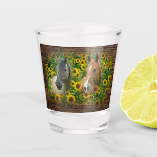 Beautiful Horses in Field of Sunflowers Shot Glass