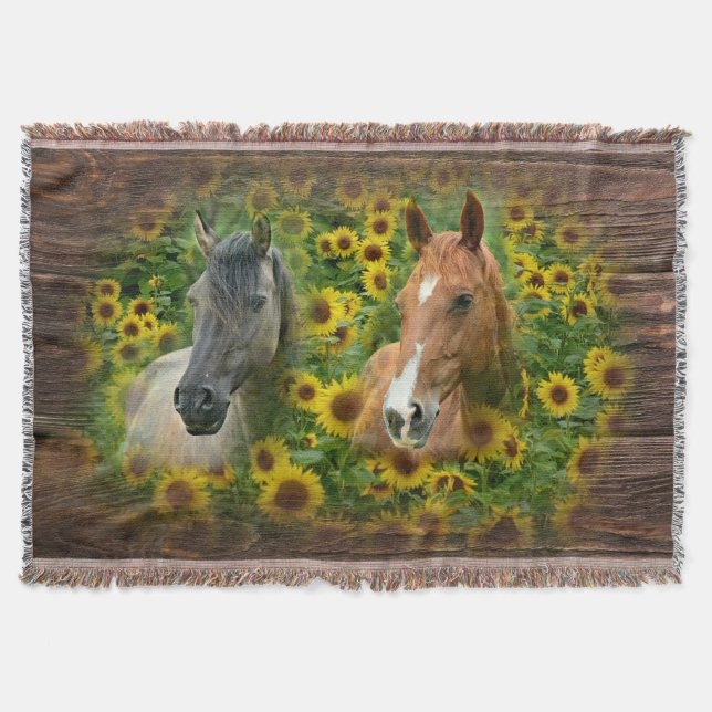 Beautiful Horses in Field of Sunflowers Throw Blanket (Front)