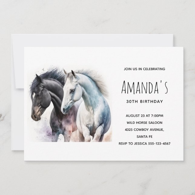 Beautiful Horses in Watercolor Birthday Invitation (Front)
