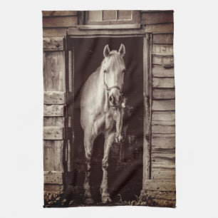Beautiful Horses Rustic Farmhouse Brown Tea Towel