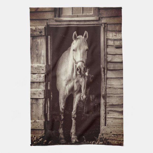 Beautiful Horses Rustic Farmhouse Brown Tea Towel (Vertical)
