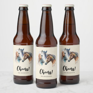 Beautiful Horses Western Boho Style Cheers! Beer Bottle Label