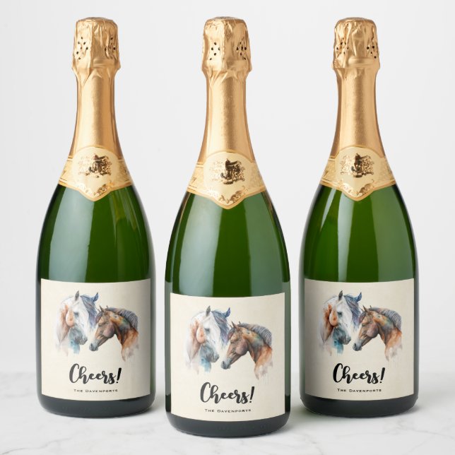Beautiful Horses Western Boho Style Cheers! Sparkling Wine Label (Bottles)