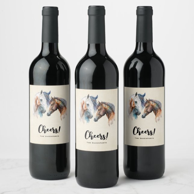 Beautiful Horses Western Boho Style Cheers! Wine Label (Bottles)