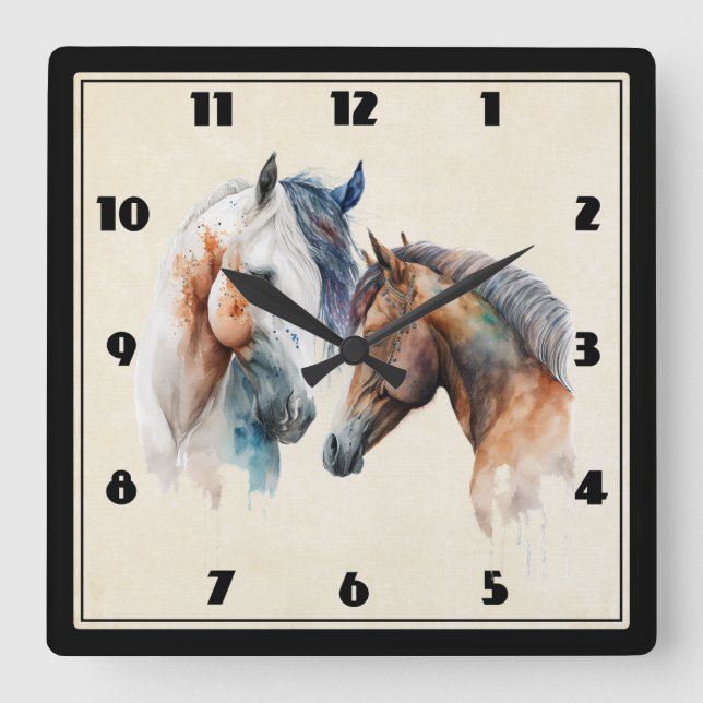 Beautiful Horses Western Boho Style Square Wall Clock (Front)