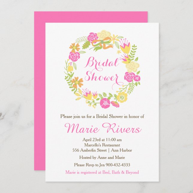 Beautiful Hot Pink Floral Wreath Bridal Shower Invitation (Front/Back)