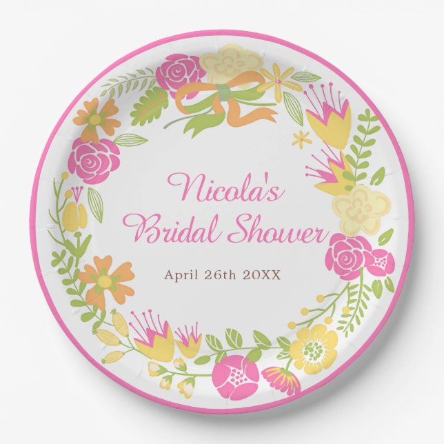 Beautiful Hot Pink Floral Wreath Bridal Shower Paper Plate (Front)