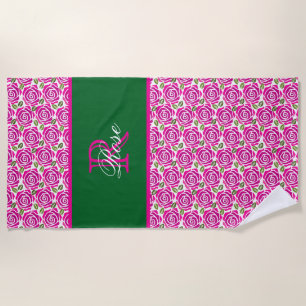 Beautiful Hot Pink Magenta Roses Name Monogram  Beach Towel