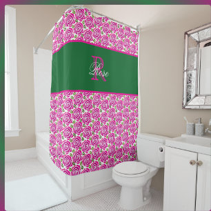 Beautiful Hot Pink Magenta Roses Name Monogram  Shower Curtain
