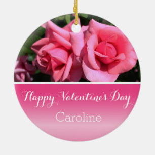 Beautiful hot pink rose flowers Valentine's Day Ceramic Ornament