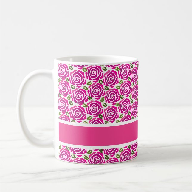 Beautiful Hot Pink Roses Custom Name Monogram Gift Coffee Mug (Left)