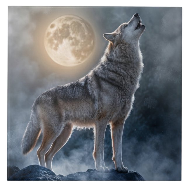 Beautiful Howling Wolf Moon Art Ceramic Tile (Front)