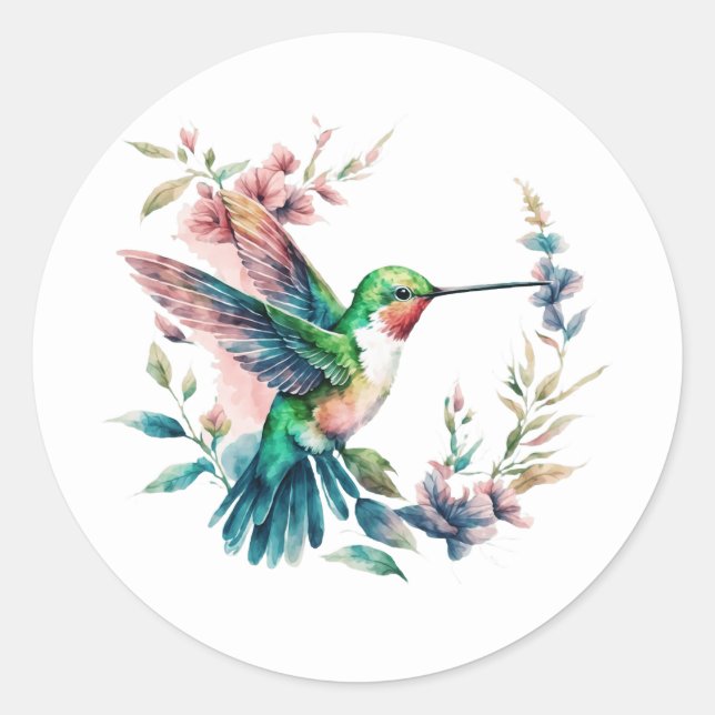 Beautiful Hummingbird Floral Wreath Classic Round Sticker (Front)