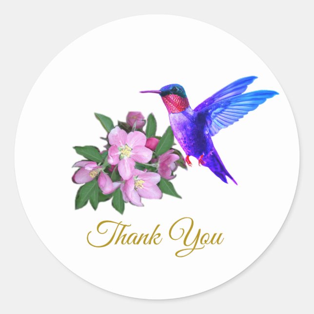 Beautiful hummingbird, flowers & golden Thank You Classic Round Sticker (Front)
