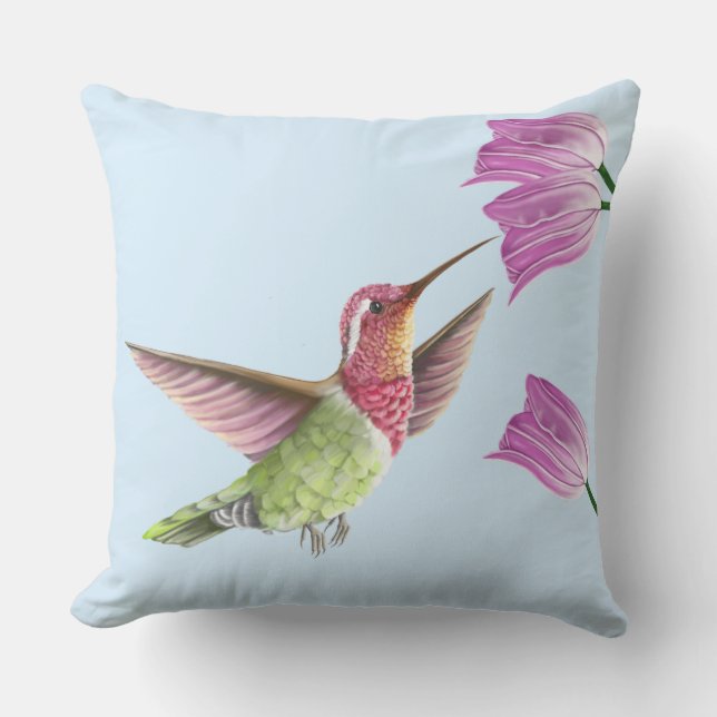 Beautiful Hummingbird in Flight with Tulips Cushion (Front)