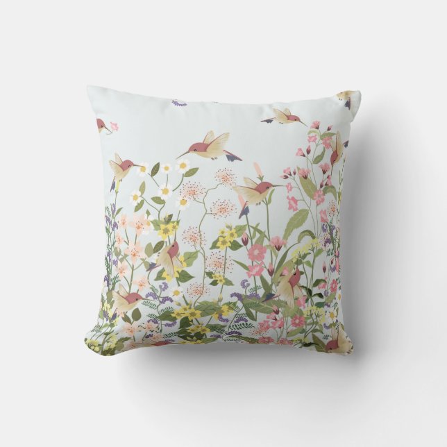 Beautiful hummingbird in sweet floral flower garde cushion (Front)