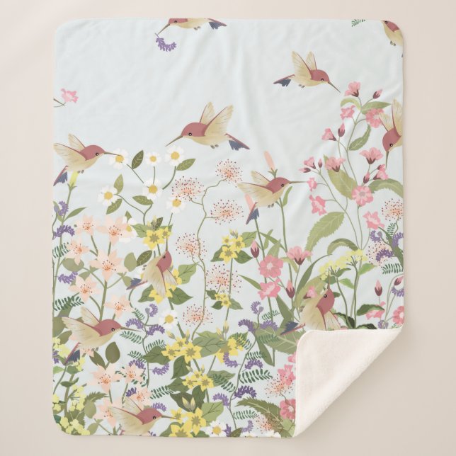 Beautiful hummingbird in sweet floral flower garde sherpa blanket (Front)