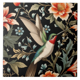 Beautiful Hummingbird on Dark Floral Background Ceramic Tile