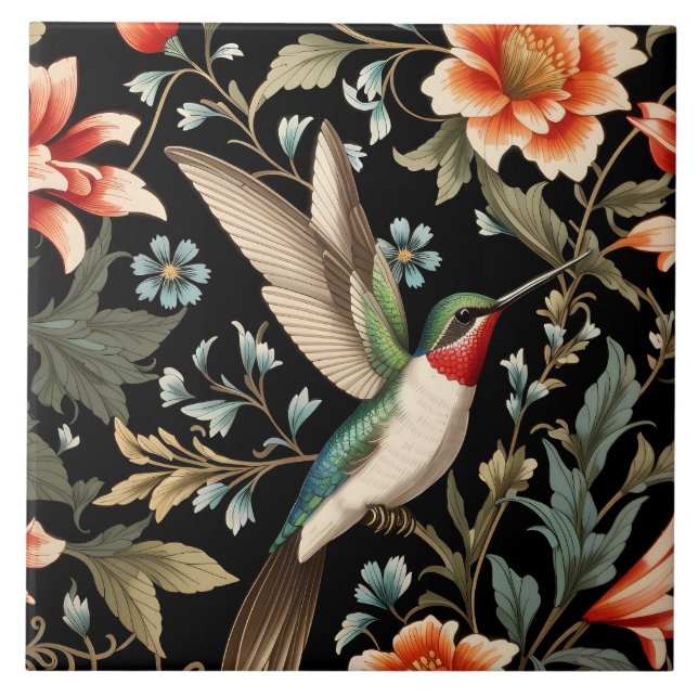 Beautiful Hummingbird on Dark Floral Background Ceramic Tile (Front)